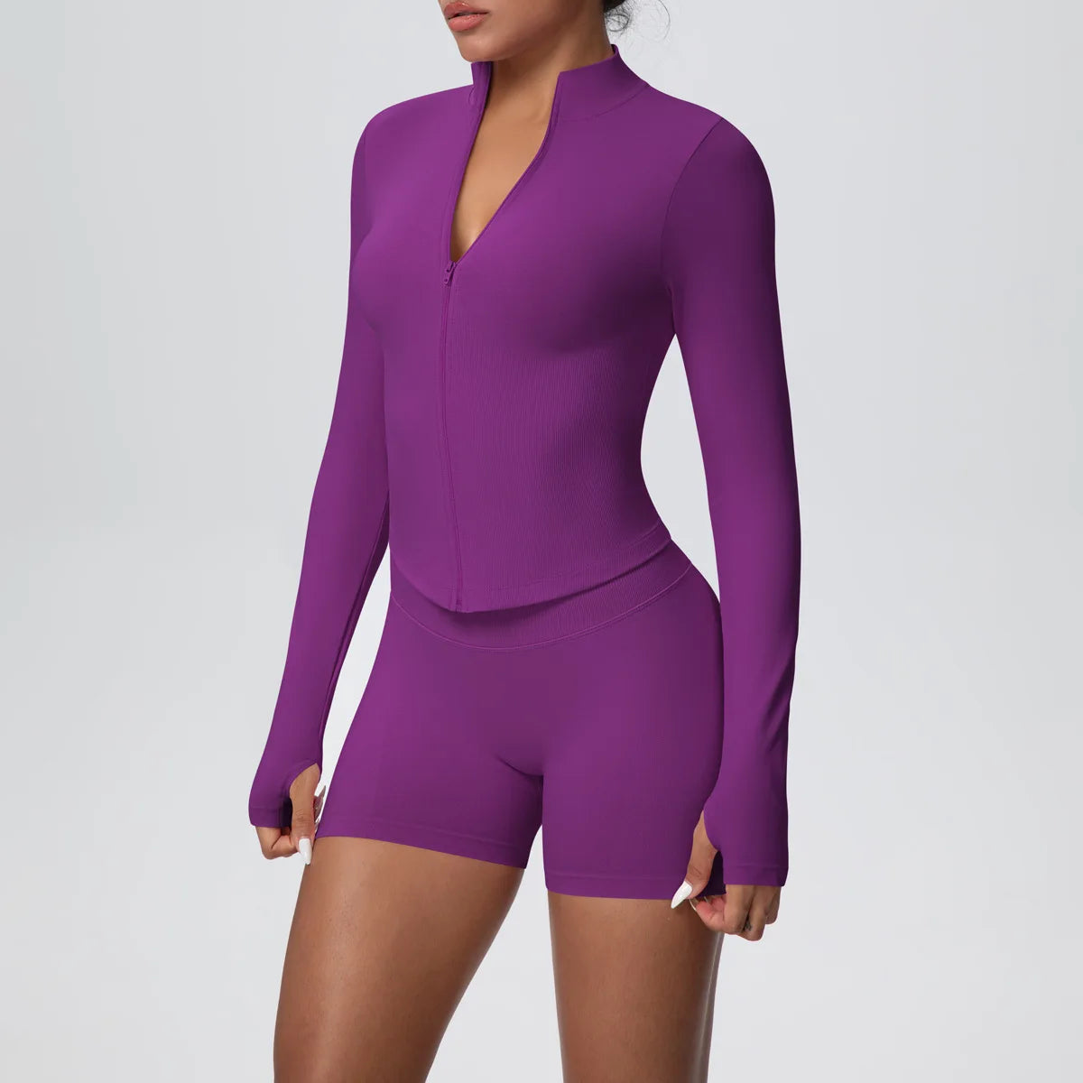 Women Gym Set - Seamless Yoga Suit With Zip Shirt & Cycling Shorts Activewear