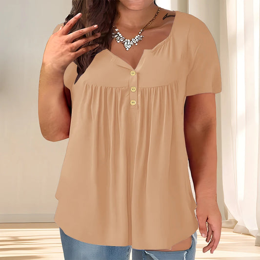 【Plus Size】Solid Color Button Front Tee, Casual Fashion Short Sleeve Scoop Neck T-shirt for Summer