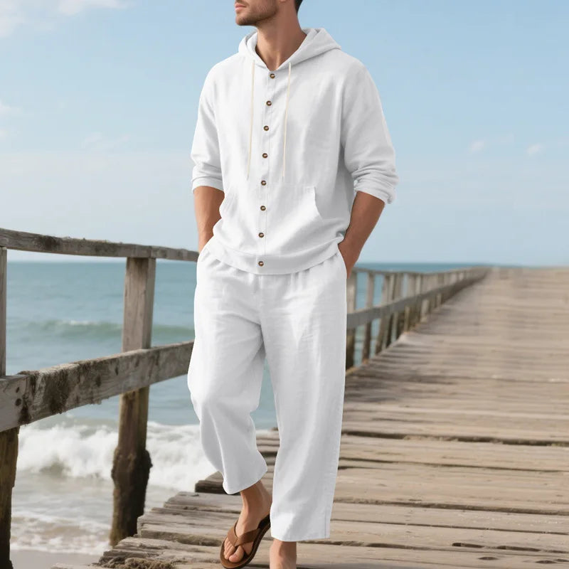 New Spring and Autumn Style Loose Men's Hoodie Set, Linen Material Beach Casual Two-Piece Suit