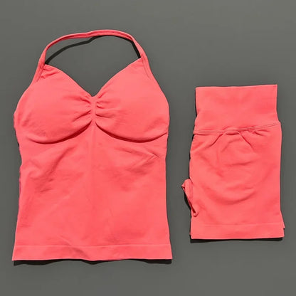 2Pcs HISTELLO Yoga Set Women Halter Tank Top Scrunch Butt Lifting Shorts Ruched Anti Chafe Quick Dry Gym Workout Sports Set