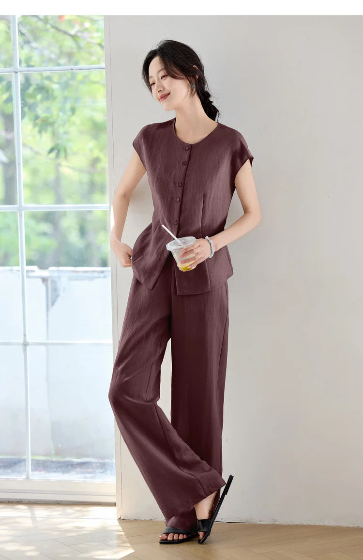 SENTUBILA Women's Linen Trouser Suit Summer Two Pieces Matching Set Women Button Shirt Straight Pant Sets 2026 Outfits 152ZA0094