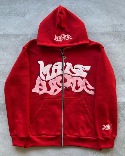 Men's Retro American Letter Zipper Printed Hooded Sweatshirt, Unisex Autumn and Winter Open Cardigan