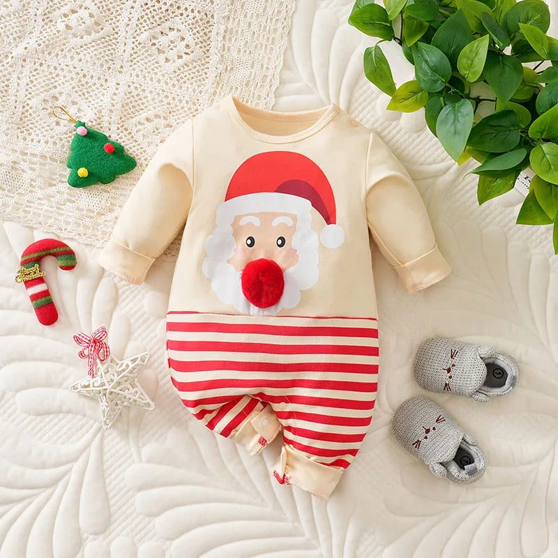 Baby Romper Cotton - Newborn Unisex Velvet Santa Elk Long Sleeve 0-18 Months