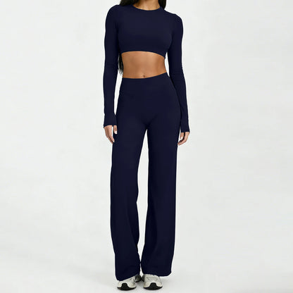 Running Sportswear Women 2 Piece Set Short Cropped Long Sleeve Top Straight Leg Yoga Pants Breathable Quick Dry Gym Suit