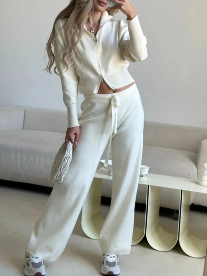 2025 New Trendy Autumn Winter Zip Up Knit Pants Set Women's Trendy Slim Fit Cardigan Pants Chic Commuting Sweater Outfit