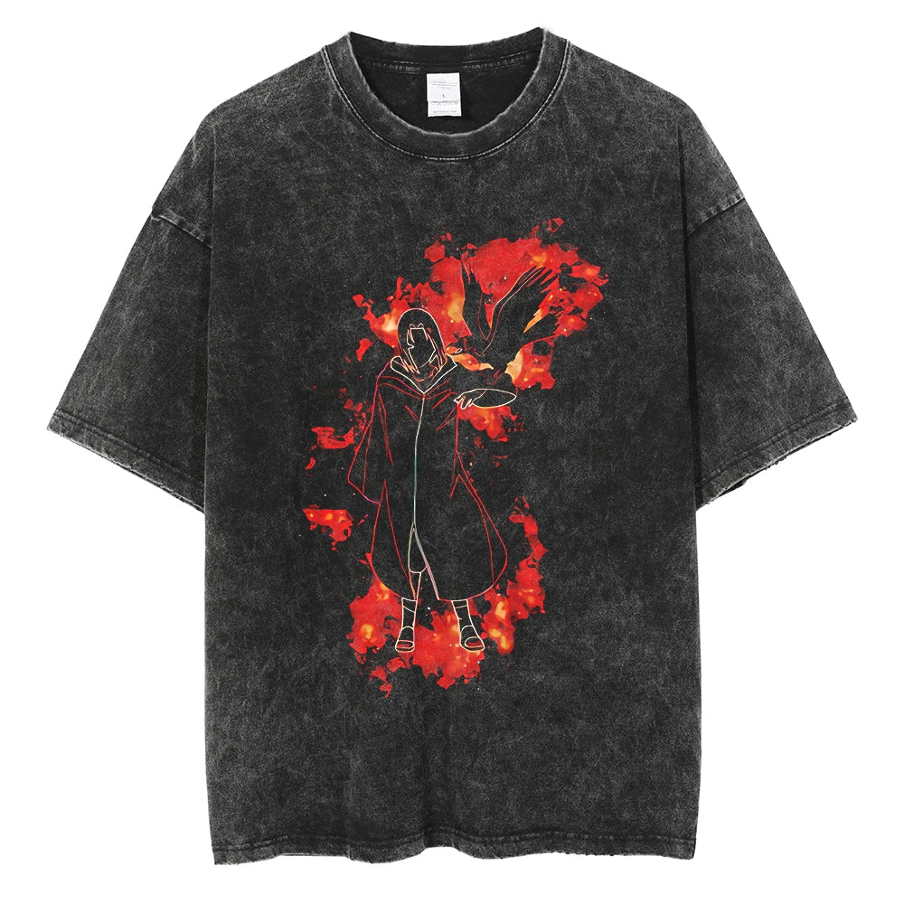 Men Streetwear Tshirt Japanese Anime Naruto Graphic T-Shirt Cotton 2026 Harajuku Washed T Shirt Summer Hip Hop Tops Tees Black