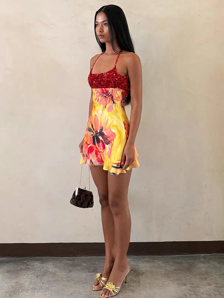 Weird Puss Floral Print Backless Dress Women Trend Halter Sequin Patchwork Bandages Sleeveless Stretch Sexy Vacation Bodycon