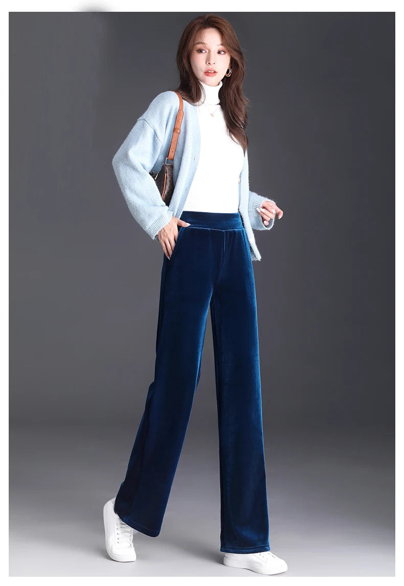 Korean style blue velvet wide leg pants for women in spring and autumn, high-end fashion, loose fit, plus size casual pants