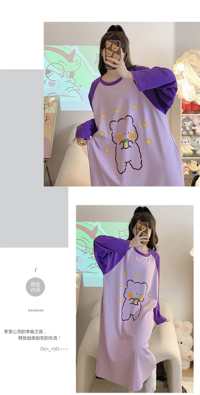 New Spring Summer Cotton Women's Pajamas Cute Long-sleeved Nightdress Cartoon Print Dress Home Service