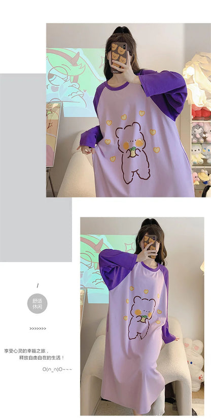 New Spring Summer Cotton Women's Pajamas Cute Long-sleeved Nightdress Cartoon Print Dress Home Service