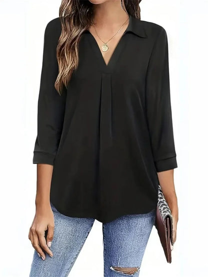 Ladies' spring and summer style shirt, ladies' casual style, loose V-neck, three-quarter sleeve, pure color loose top, DF5012