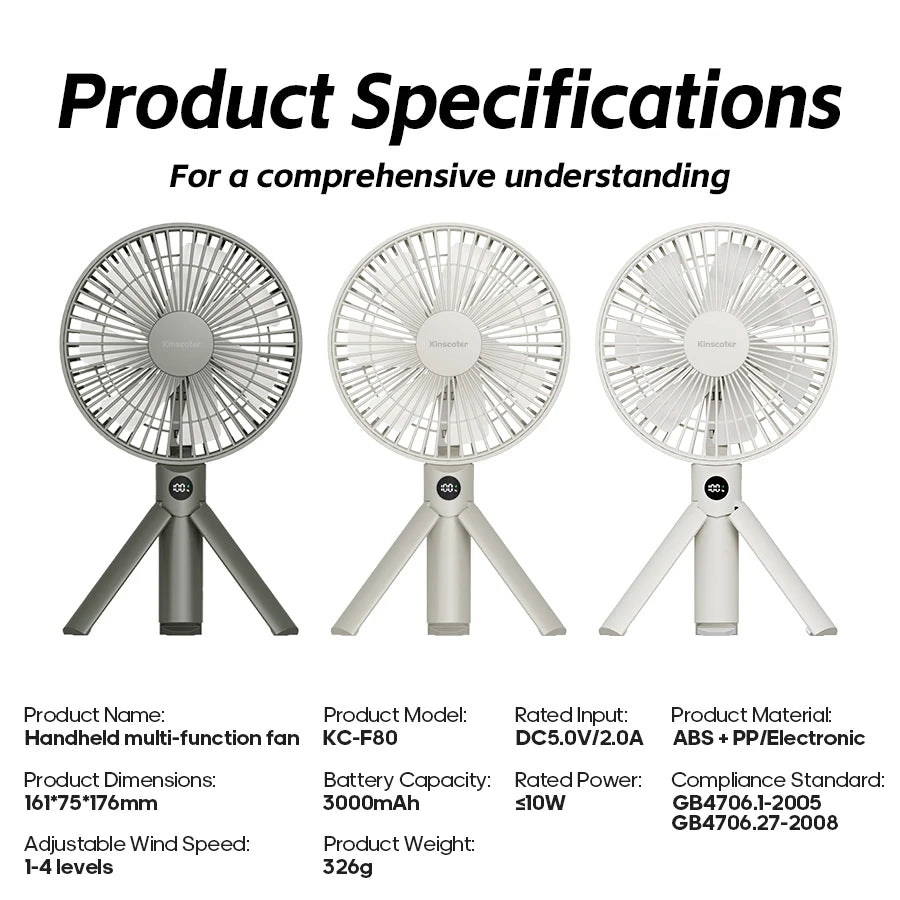 New Foldable Tripod Handheld Fan 3000mAh 4-Speed Rechargeable Fan LED Digital Display Portable Fan for Outdoor Travel Camping