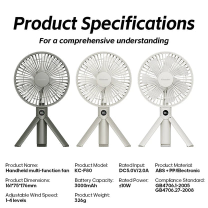 New Foldable Tripod Handheld Fan 3000mAh 4-Speed Rechargeable Fan LED Digital Display Portable Fan for Outdoor Travel Camping