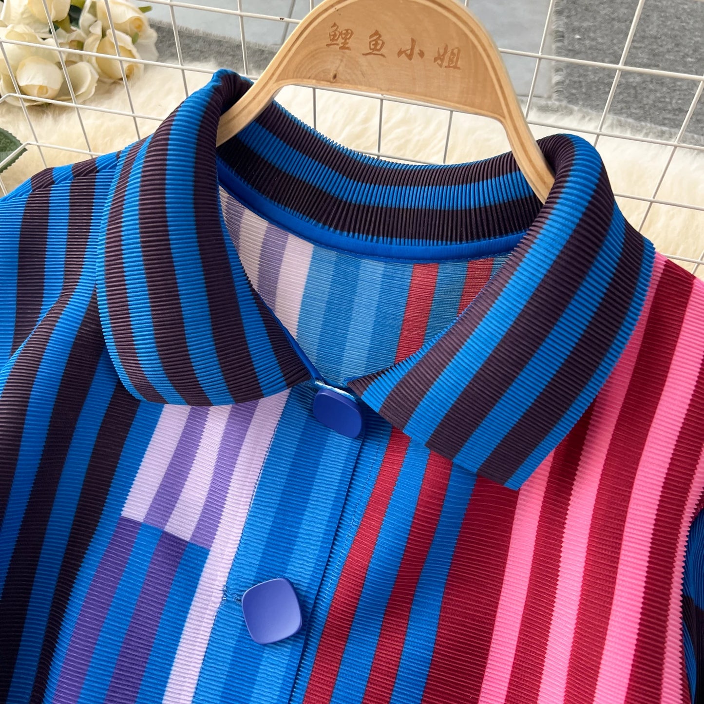 Miyake Pleated Drape Dress Women 2024 Spring Summer Colorblock Printing Lapel 3/4 Sleeve Single-breasted Fashion Shirt Dresses