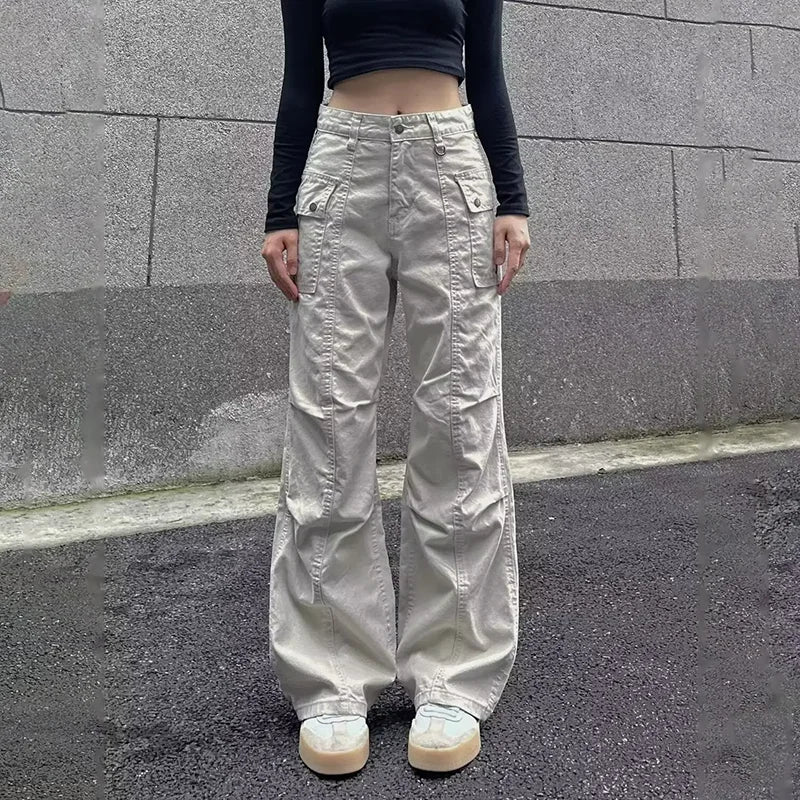 Multi-Pocket Casual Pants Female Straight Cargo Trousers Spring Summer Versatile Solid Color Pants Trendy High Street Trousers