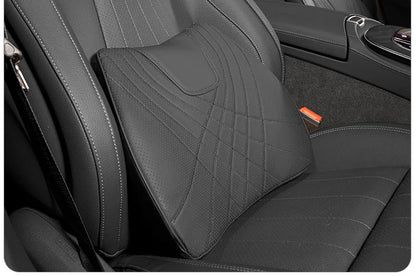 Car Headrest Pillow - Memory Foam Lumbar Support Cushion Set With Leather Cover