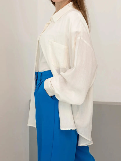 Summer Blue Linen Shirts For Women Oversized Long Sleeve Tops Green Shirt Woman Work Basic Linen Tops Women White Shirts Ladies