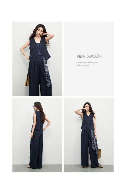 SENTUBILA Office 2 Piece Pant Set 2026 Women Linen Blend Summer Suit V Neck Waistcoat Wide Leg Baggy Pant Print Scarf 162ZA5663Z