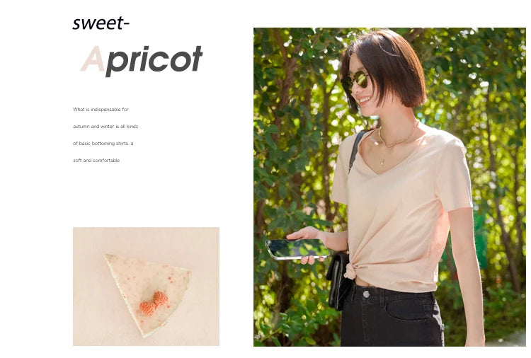 Women's V-Neck T-Shirt – Silk-Linen-Cotton Solid Summer Tee