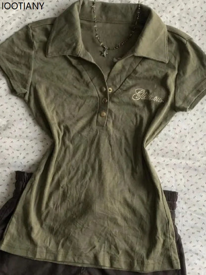 Vintage Polo Shirt Y2k Women's Gothic Style V-neck Slim Harajuku American Letter Print Punk Army Green Short Sleeve T-shirt 2025