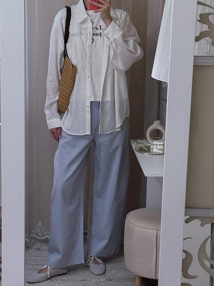 Summer Blue Linen Shirts For Women Oversized Long Sleeve Tops Green Shirt Woman Work Basic Linen Tops Women White Shirts Ladies
