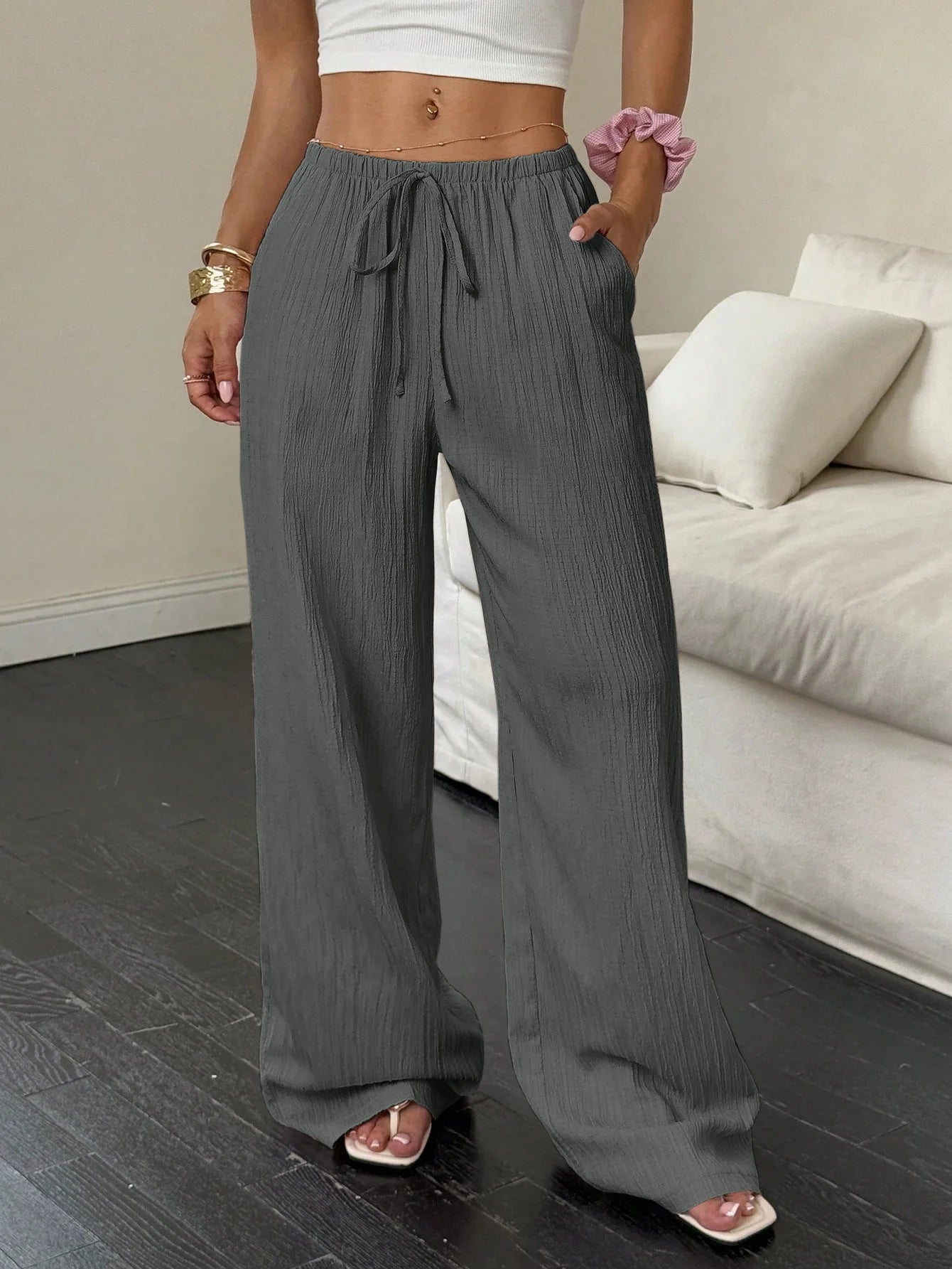 Women's Wide-Leg Cotton-Linen Blend Casual Floor-Length Pants Relaxed-Fit Drawstring Trousers for Home & Strolls