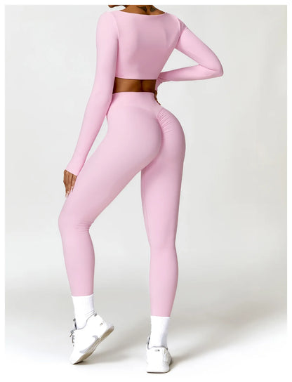Women Yoga Suit - Quick Dry Gym Tracksuit With Long Sleeve Top & High Waist Leggings