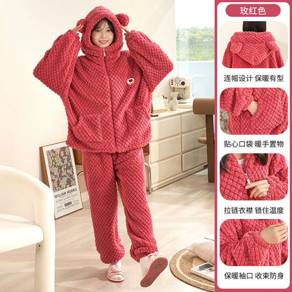 Autumn Winter Women's Sleepwear Flannel Pajamas Set Thick Fleece Nightwear Sets Warm Home Suits Hoodie Plus Pants