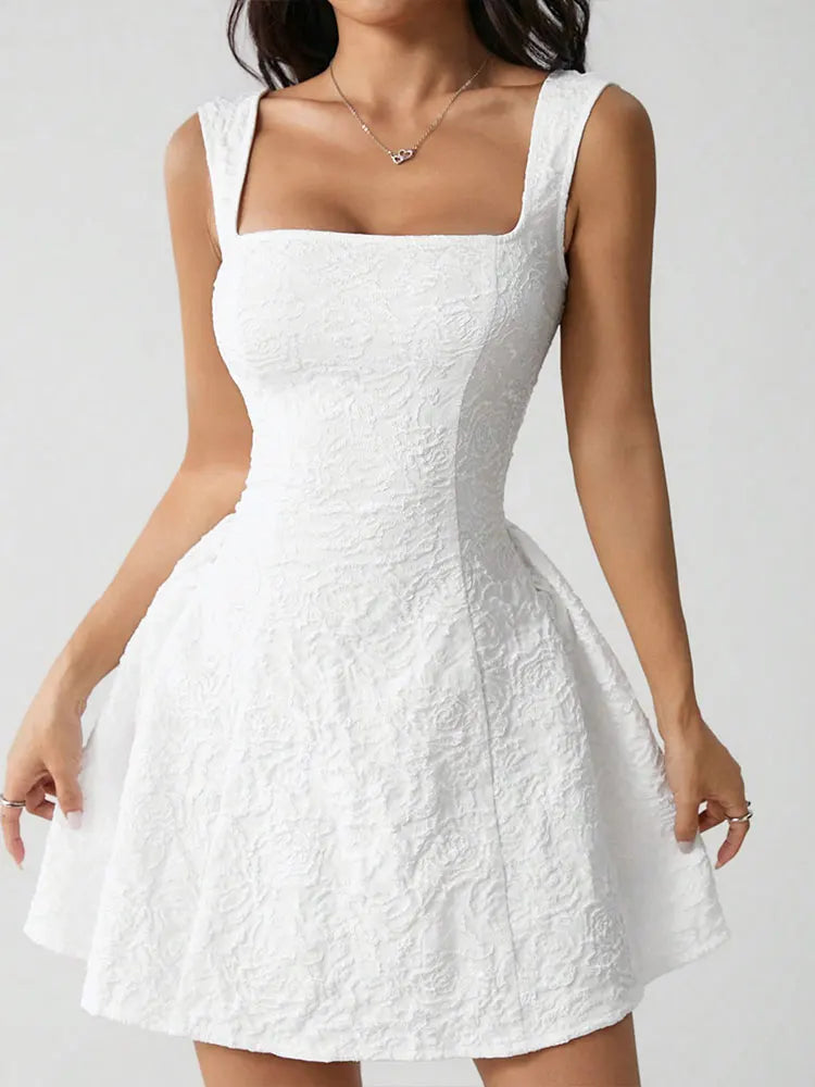 Summer New Women's Dresses Solid Sexy Sleeveless Square Neck Streetwear Fashion Floral Lace A-Line Mini Dress Female Clothing