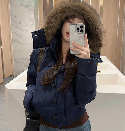 Casual Cropped Parkas Women Fashion Faux Fur Collar Hooded Puffy Coats Winter Warm Solid All Match Slim Long Sleeve Outwear Tops