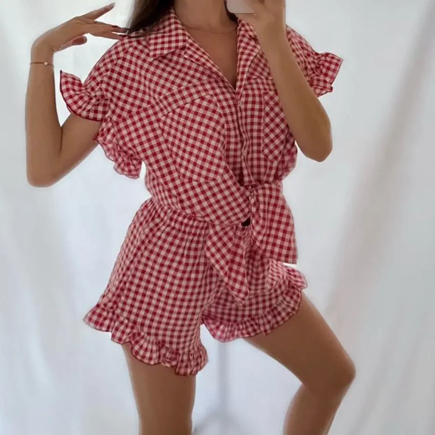 Linad Office Single-Breasted Shirts Elegant Plaid High Waist Shorts With Button Up Shirts 2 Piece Set Street Chic Outfits Summer