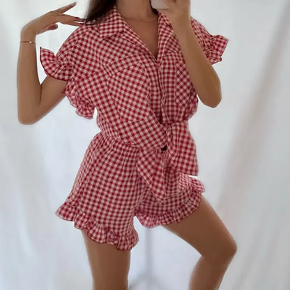 Linad Office Single-Breasted Shirts Elegant Plaid High Waist Shorts With Button Up Shirts 2 Piece Set Street Chic Outfits Summer