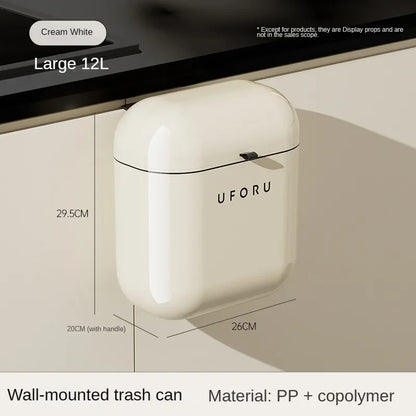 Wall-Mounted Kitchen Trash Can - 9L12L Cream with Lid for Food Waste  Bathroom Use
