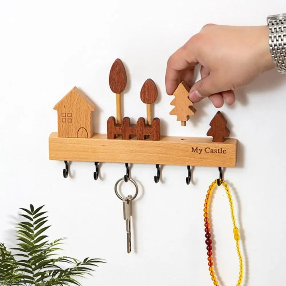 Charming Solid Wood Key Hook Rack - Punch-Free Wall Mount Storage For Keys, Coats & Towels - Perfect Home Decor Accessory