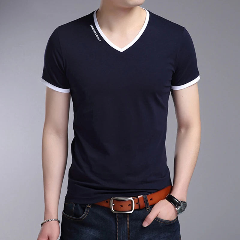Men's V-Neck T-Shirt - Breathable Polyester Casual Tee, Solid Color Summer Top