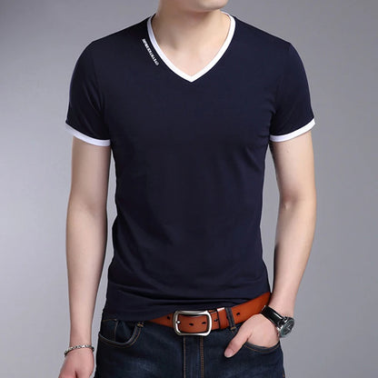 Men's V-Neck T-Shirt - Breathable Polyester Casual Tee, Solid Color Summer Top