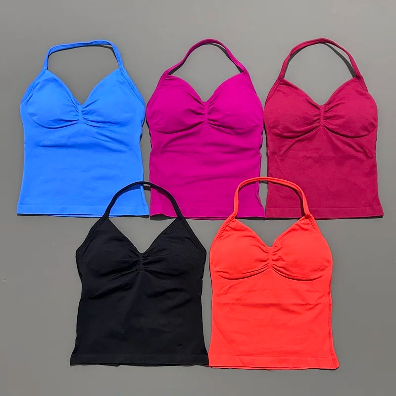 Women Yoga Vest - Longline Strappy Top | Breathable Fitness Tank Top Open Back Halter