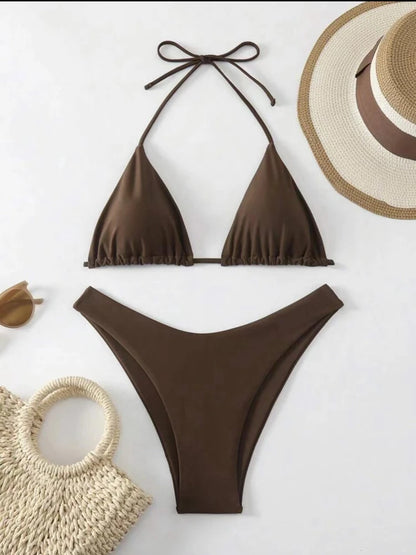 Womens Halter Thong Bikini - Sexy Lace-Up Brazilian Swimsuit in WhiteBlackCoffee - ZOOMNSTORE