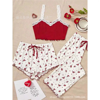 New sexy flower pajamas, women's suits, summer thin trousers, cute home clothing, three-piece suits, outerwear, fashion