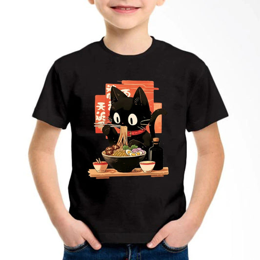 Cat Eat Ramen Kawaii Design Prined  T Shirts Manga Kids Children's T-shirt Boys Girls Summer Spring Casual Top Tee