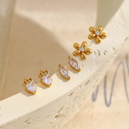 Mini Zircon Flower Crown Stud Earrings – 18K Gold-Plated Steel