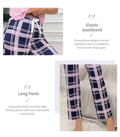 Women's Pajamas Set Casual Home Clothes Soft Comfortable Crew Neck T-Shirt & Plaid Pants Sleepwear Piece Loungewear Pyjama Femme