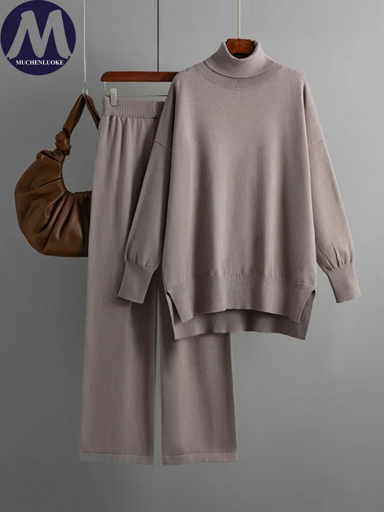 Women's Two Piece Set Autumn Winter High Collar Slit Knitted Sweater Pullover Fashion Casual Loose High Waist Pant Ensemble
