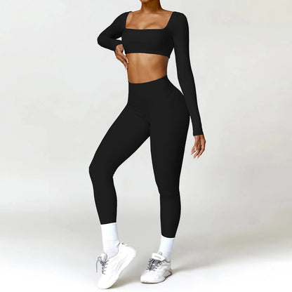 Women Yoga Suit - Quick Dry Gym Tracksuit With Long Sleeve Top & High Waist Leggings