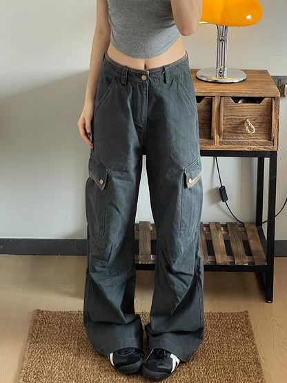 American Retro Workwear Denim Pants Women's High Waist Wide Leg Loose Straight Cut Trousers Spring Autumn New Sle Multi ket