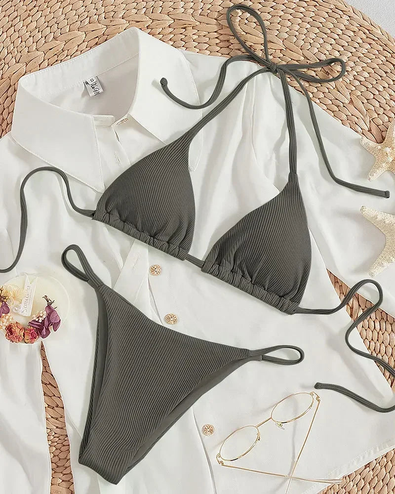 Sexy Women Thong Solid Color Bikini Set Side Halter Tie Swimsuit Ladies Split Strap Adjustable Brazilian Swimwear Beachwear