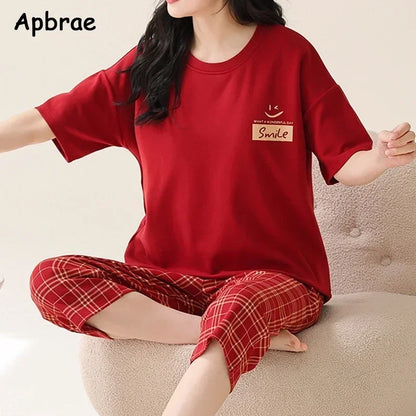 Summer Capris Pajamas for Women Plus Size 5XL Woman Causal Pajama Sets Cartoon Lapel Pijamas Cute Girl Soft Cotton Sleepwear
