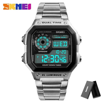 Digital Sport Watch - Men's Waterproof Stainless Steel Band Retro Chronograph Wristwatch