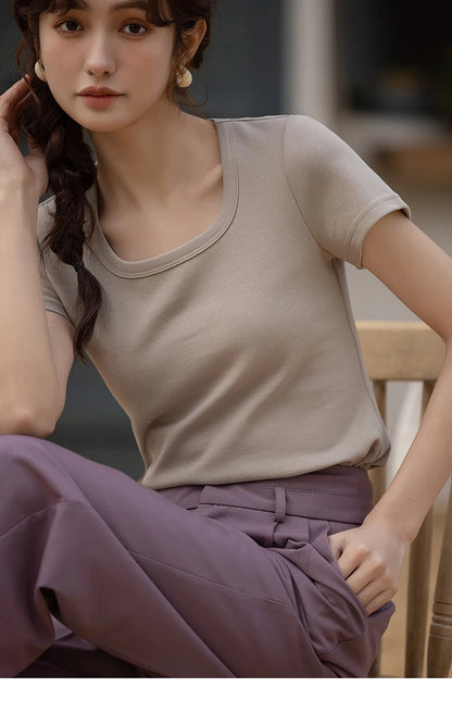 Women's Square-Neck T-Shirt – Elegant Cotton Short-Sleeve Top