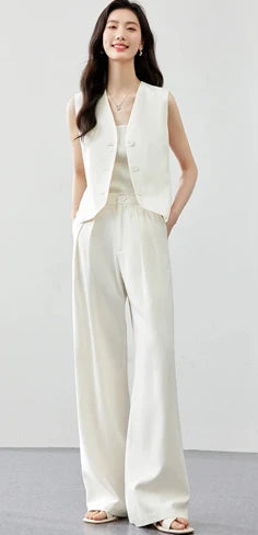 VIMLY Linen Blend Pant Set Two Piece Old Money Style Woman Summer Outfits 2026 Sleeveless Vest Wide Legs Pants Lady Suit A0820
